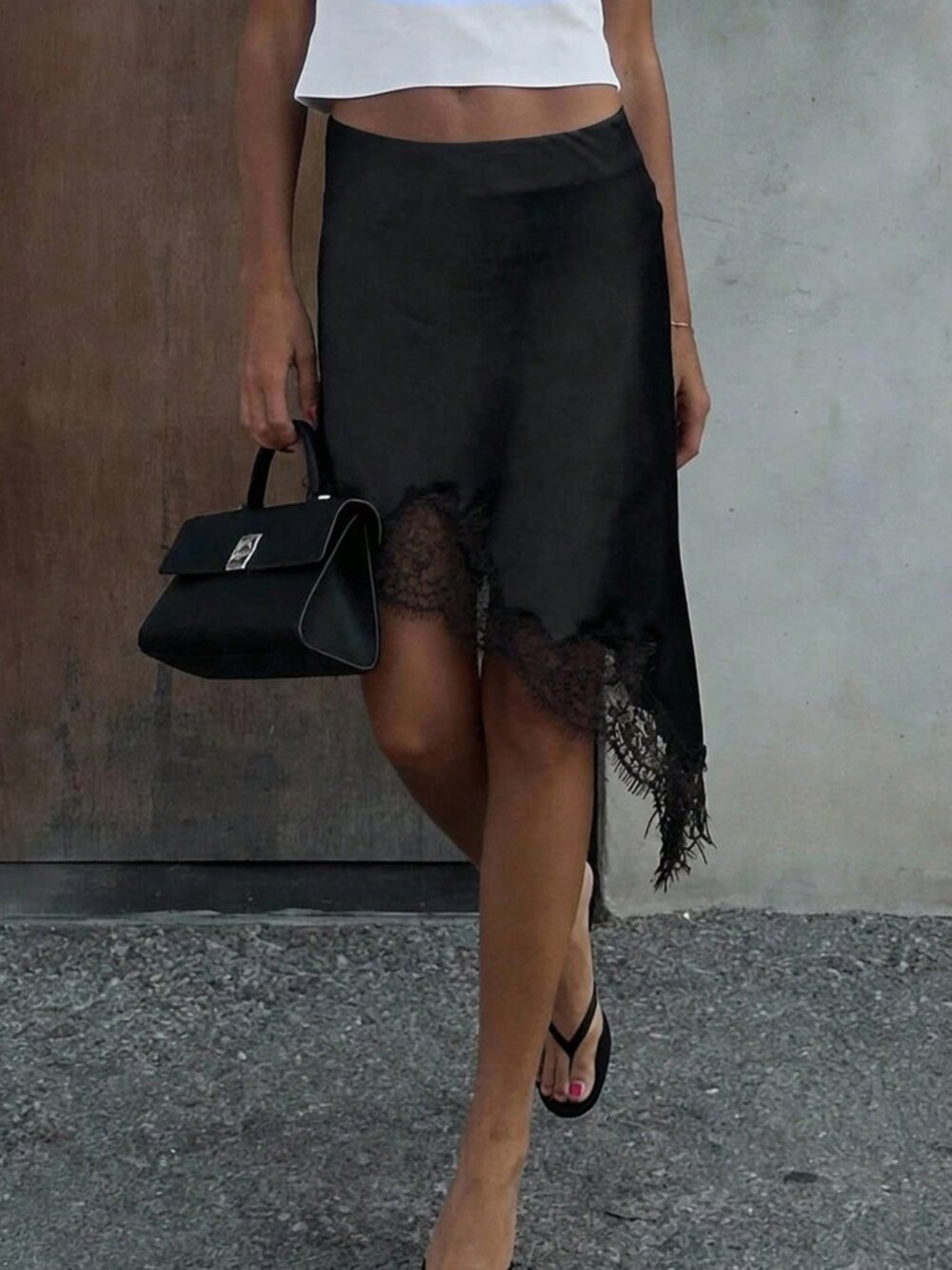 Black Elegant Women's Lace Patchwork Asymmetrical Hem Skirt